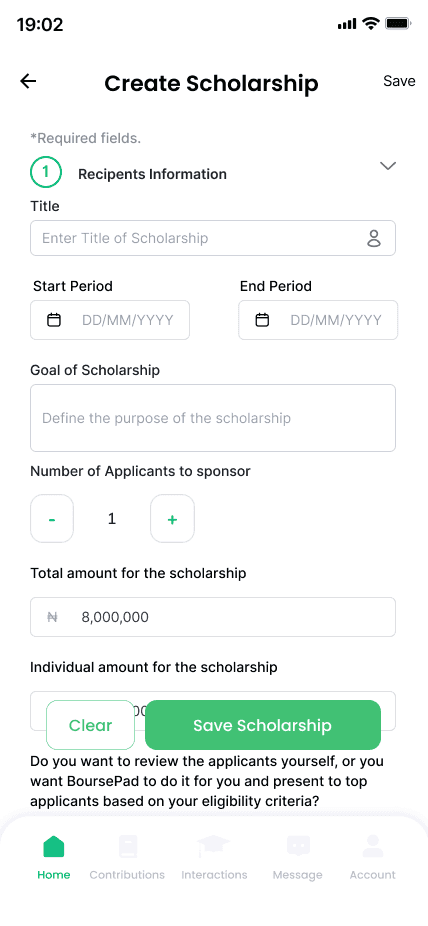 BoursePad app screen showing a student scholarship request